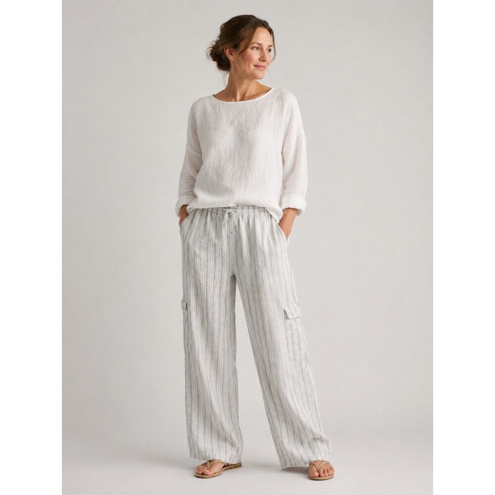 Eskandar Linen Pants Sz 2 Neutral Striped XL Drawstring Cargo Pocket Wide Leg